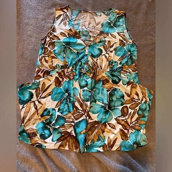 Turquoise blue flower V-neck sleeveless shell blouse - Picture 2 of 9